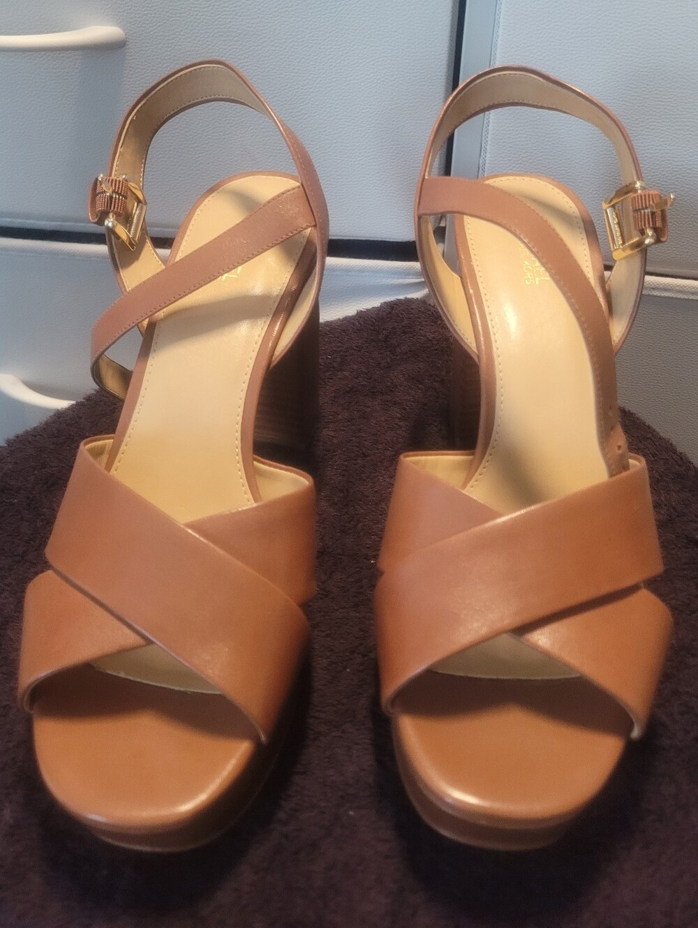 Women’s Tan Leather and Wood Cross-Strap Heels